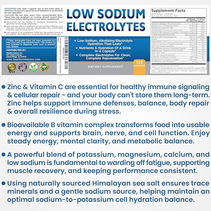 Low Sodium Electrolytes Only 23mg Serving Almost No Sodium Electrolyte Supplement Sugar Free Fast Hydration Potassium Magnesium Zinc C &amp More Kidney Friendly Electrolytes 2-Pack