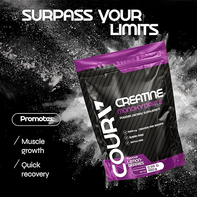 COURA Creatine Monohydrate Lemon-Berries Flavor - Sports Supplement - Strength and Endurance - Ideal for Intense Workouts - Gluten Free - Bottle Free - 450g