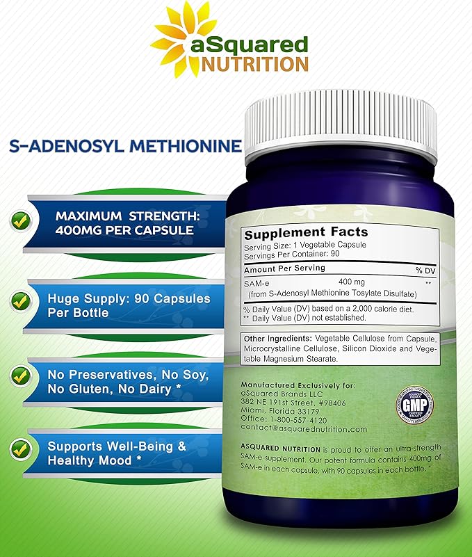 aSquared Nutrition SAM-e 400mg Supplement - 90 Capsules - Same (S-Adenosyl Methionine) to Support Mood Joint Health and Brain Function - Extra Strength Vegan SAM e Pills