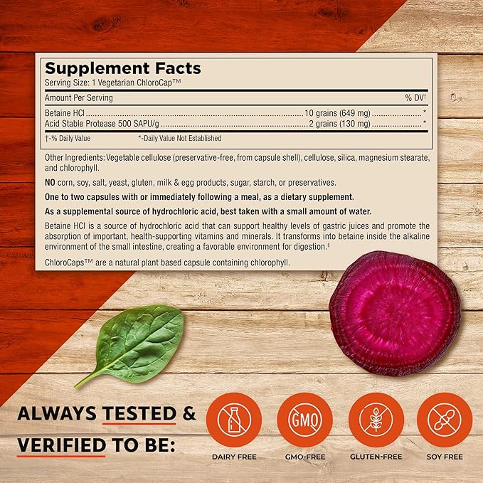Mt. Angel Vitamins - Hydrochloric Acid Betaine Supports Healthy Digestion &amp Gastric Juices (200 Vegetarian Chlorocaps)