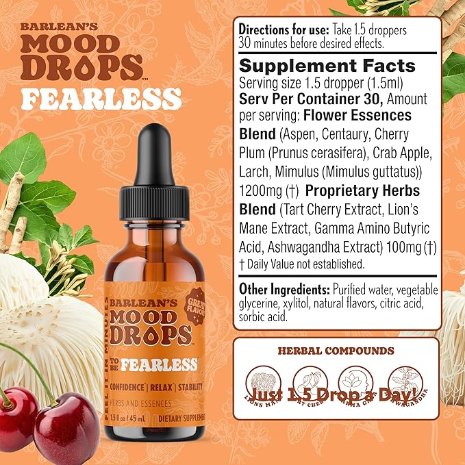 Barlean's Mood Booster Supplement Fearless Ashwagandha Liquid Drop Supplements for Men and Women Adaptogen Herbs Drops 1.5 oz