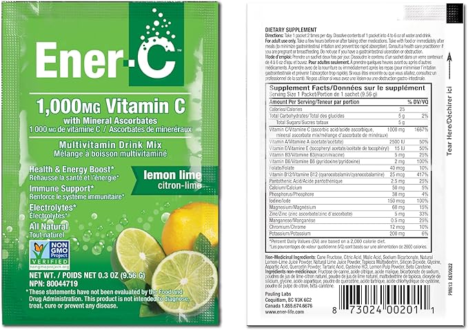 Ener-C Multivitamin Drink Mix - Vitamin Packets for Water Electrolytes Powder Packets Vitamin Drink Mix Hydration Liquid Mix Immune Booster for Adults Healthy Energy - Lemon Lime 60 Count