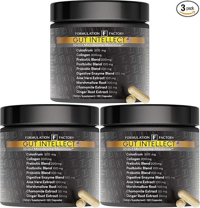 Formulation Factory Gut Intellect 10-in-1 Microbiome Supplement Prebiotics Probiotics Postbiotics Colostrum Collagen Aloe Vera Chamomile Ginger Enzymes Digestive 360 Cap (3 Pack)