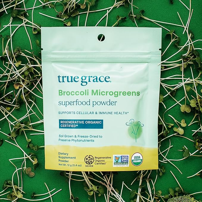 True Grace Broccoli Microgreens - 0.4 oz - Daily Superfood Powder for Cellular &amp Immune Health - Gluten &amp Soy Free Vegan Regenerative Organic Certified - 30 Servings