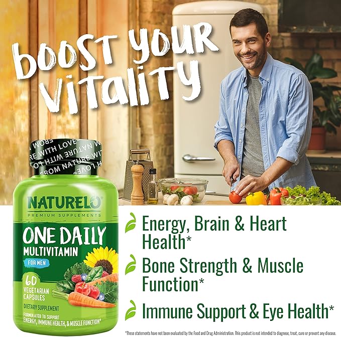 NATURELO Mens Multivitamins - One Daily Multivitamin for Men with Vitamins Minerals &amp Organic Whole Foods Boost Energy &amp Health Non-GMO 60 Vegetarian Capsules