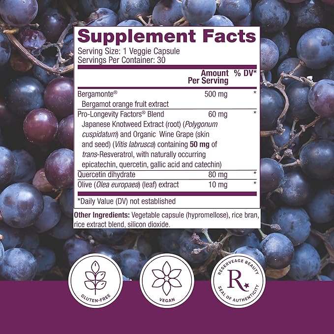 Reserveage Beauty Bergamot Cholesterol Support with Resveratrol - Antioxidant Supplement for Cardiovascular Support &amp Heart Health - Vegan &amp Non-GMO - 30 Capsules (30 Servings)