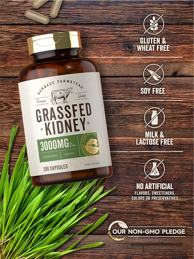 Carlyle Grass Fed Beef Kidney Supplement | 200 Capsules | 3000mg | Pasture Raised Desiccated Bovine Supplement | Hormone and Pesticide Free | Non-GMO Gluten Free | by Herbage Farmstead
