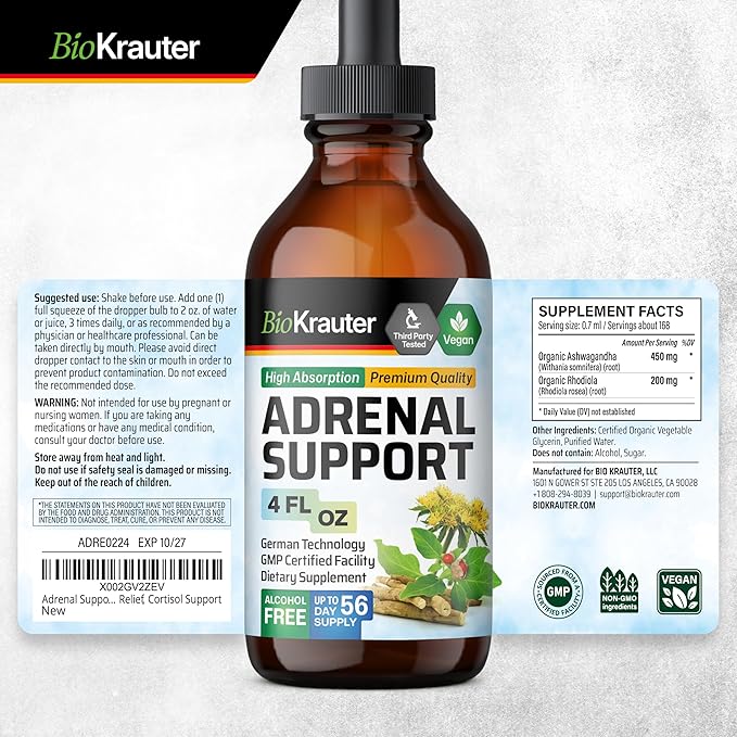 BIO KRAUTER® 2-in-1 Adrenal Support Supplements with Ashwagandha &amp Rhodiola Rosea for Relax &amp Mood Support - Natural Adrenal Complex for Men &amp Wonen - 4 Fl.Oz. 56-Day Supply Alcohol &amp