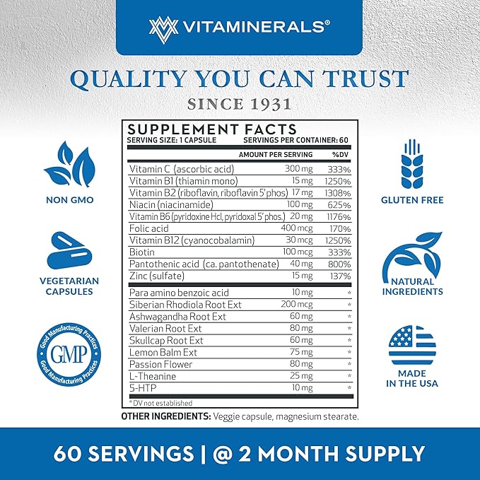 VITAMINERALS 39 Stress Complex Adrenal Support Stress and Adrenal Support Complex 60 Count