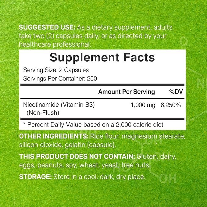 Vitamin B3 Nicotinamide 1000mg Per Serving – 500 Capsules Flush Free Niacin Essential B3 – Supports Healthy Skin &amp Energy Production – Non-GMO