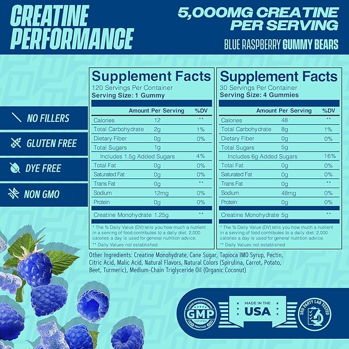 Creatine Gummies Variety Pack – Strawberry &amp Blue Raspberry 5g Creatine Per Serving 240 Gummies Total Fast Absorbing - Supports Muscle Growth &amp Strength Support for Men &amp Women