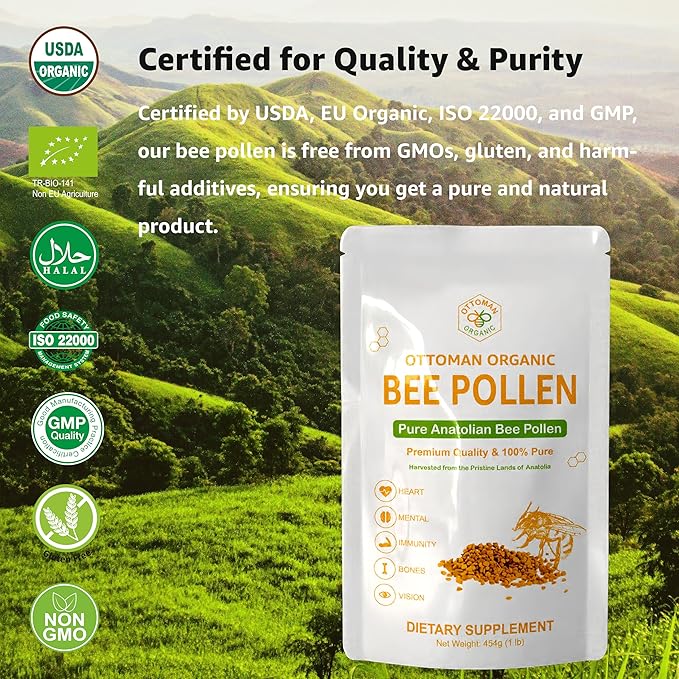 Bee Pollen – USDA &amp EU Organic Certified Halal ISO 22000 &amp GMP | 100% Pure Superfood Rich in Vitamins &amp Minerals | Non-GMO Additive-Free (1 Pound (Pack of 1))