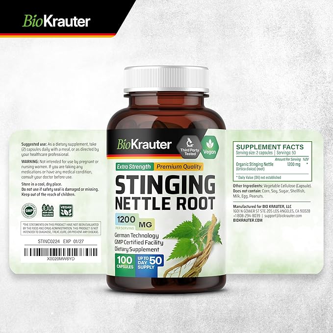 BIO KRAUTER® Stinging Nettle for Seasonal Support - Stinging Nettle Root Supplement (Urtica Dioica) 1200 mg for Urinary Tract Support &amp Daily Wellness - 100 Capsules 50 Days of Supply Non-GMO