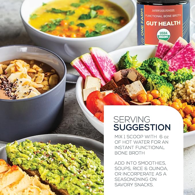 One Farm Organic Turmeric &amp Gut Health Powder Bundle More Than 5% Curcuminoids Bone Broth Prebiotics Adaptogens &amp Mushrooms – USDA Organic Non-GMO Grass-Fed Digestive &amp Immune Suppor