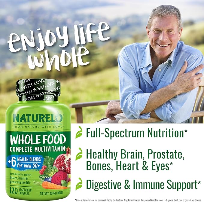 NATURELO Whole Food Multivitamin for Men 50+ - with Vitamins Minerals Organic Herbal Extracts - Vegan Vegetarian - for Energy Brain Heart and Eye Health - 120 Capsules
