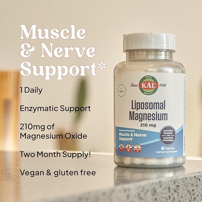 KAL Liposomal Magnesium Oxide 210 mg High Absorption Liposomal Technology Essentials Muscle Support Advanced Formula Vegan Capsules Gluten Free No Soy 60 Servings