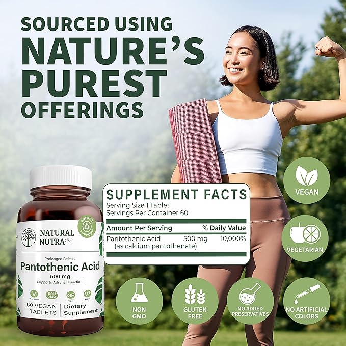 Natural Nutra Time Release Pantothenic Acid 500 mg Vitamin B5 Supplement Helps Break Down Fat and Carbohydrates Metabolism and Energy Improve Muscle Health Reduce Skin Spots 60 Vegetarian Tablets