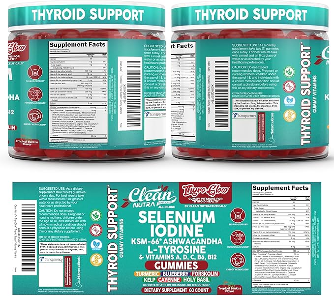 ThyroGlow Thyroid Support Gummies Selenium Iodine KSM 66 Ashwagandha L Tyrosine Vitamin D C B12 B6 Turmeric Blueberry Holy Basil Folate Bladderwrack By Clean Nutra
