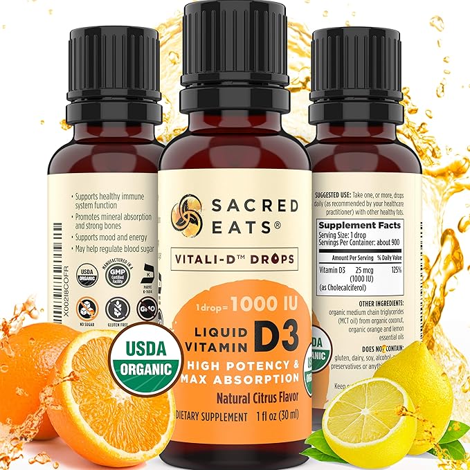 Organic Liquid Vitamin D Drops for Kids &amp Adults Sugar Free. Easy to Use 1000 IU/Drop in Coconut MCT Oil. Lasts Months Best for High Doses. Max Absorption VIT D3 Supplement. Great Taste (Citrus