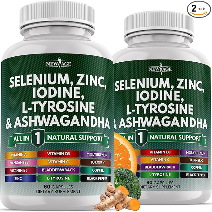 NEW AGE Selenium Zinc Iodine L Tyrosine Ashwagandha - Supplement for Women and Men with Bladderwrack Turmeric Silica Kelp Schisandra - 120 Count