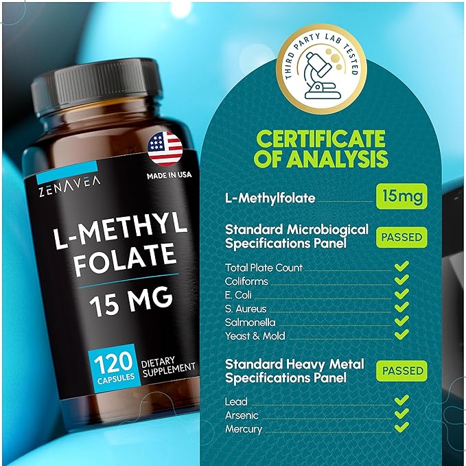 L-Methylfolate 15mg - L Methyl Folate Supplement 5-MTHF for Folic Acid Deficiency - Max Absorption and Potency - l-methylfolate 15 mg - Methyl folate 15 mg - 120 Vegan Capsules Non-GMO Gluten Free