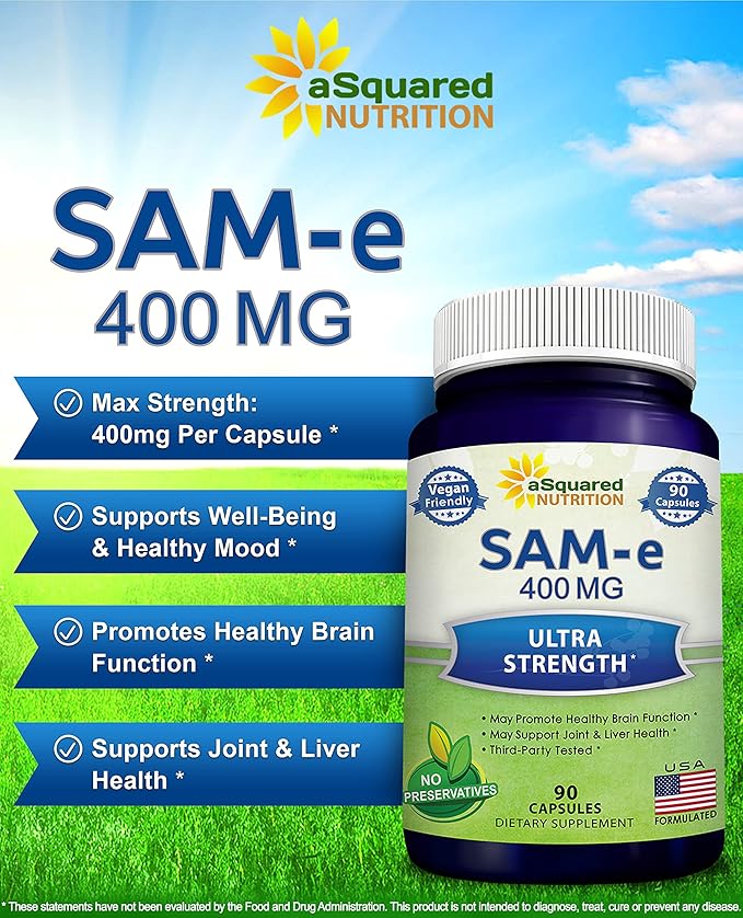 aSquared Nutrition SAM-e 400mg Supplement - 90 Capsules - Same (S-Adenosyl Methionine) to Support Mood Joint Health and Brain Function - Extra Strength Vegan SAM e Pills