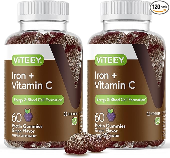 VITEEY Iron Gummies - Iron with Vitamin C - Energy Bood Support and Anemia Supplement for Women &amp Men - Vegan Gluten Free - 120 Count