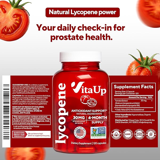 VitaUp Lycopene Supplements for Men – USA Made Prostate Supplements for Men with Natural Tomato Extract – Non-GMO Lycopene Supplement for Normal Prostate Skin &amp Antioxidant Support – 120 Count