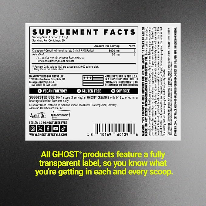 GHOST Basics Creatine Monohydrate Powder for Men &amp Women – 5G Creapure Creatine Workout Supplement for Muscle Gain – Vegan Soy Free &amp Gluten Free - 50 Servings