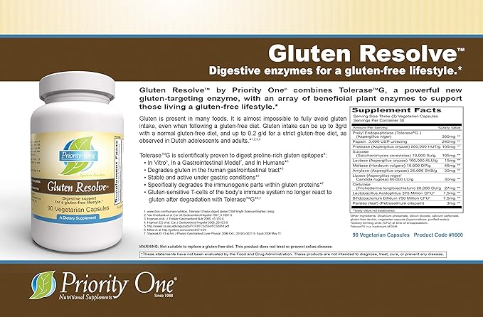 Priority One Vitamins Gluten Resolve 90 Vegetarian Capsules - Digestive Support for a Gluten Free Lifestyle.* Tolerase®G is scientifically Proven to Digest proline-Rich Gluten epitopes.*