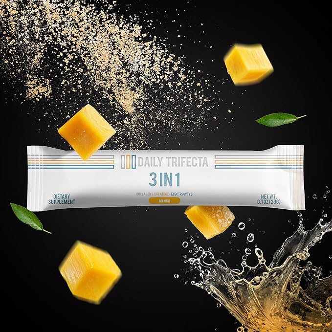 DAILY TRIFECTA 3-in-1 Collagen Creatine &amp Electrolyte Stick Packs | Type I Collagen Creatine Monohydrate Zero Sugar | 30 Natural Single-Serve Packets | Strength Hydration &amp Recovery (Mango