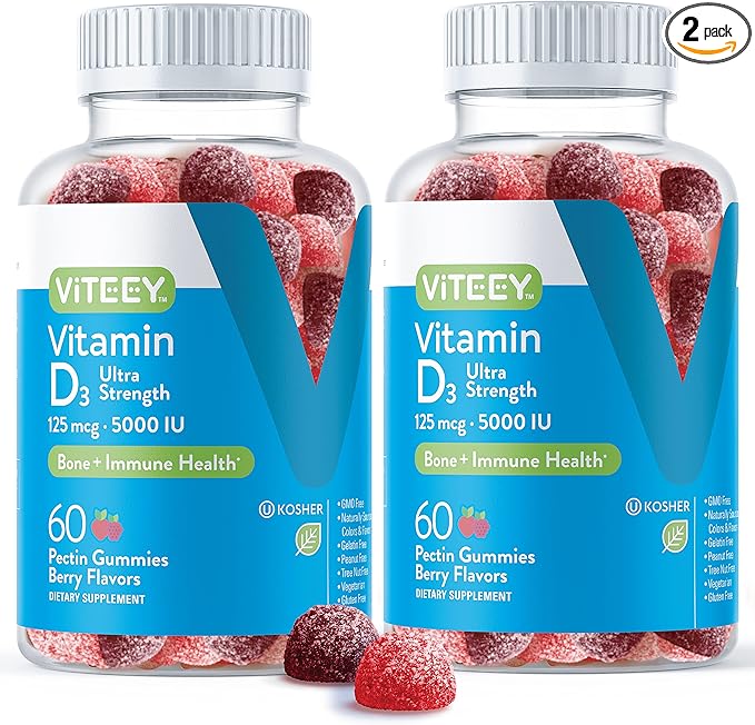 Viteey Vitamin D3 Gummies for Adults &amp Teens - 5000 IU 125mcg Ultra Strength - Joint &amp Muscle Health Immune Boost - Chewable Vitamin D Gummies - Vegetarian Gelatin Free - Tasty Berry Flav