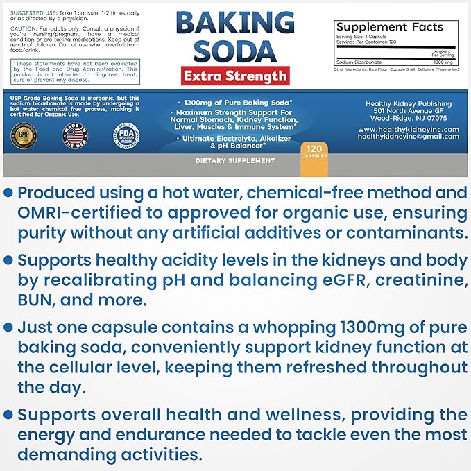 Baking Soda Aluminum Free 1300mg Per Pill Extra Strength Organic Use Pure Baking Soda Capsules for Health &amp Wellness. Baking Soda Tablets 120 Pills