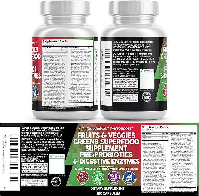 Clean Nutraceuticals Fruits and Veggies Supplement Reds &amp Green Superfood - Balance of Over 70 Fruit &amp Vegetable Supplements Capsules with Probiotics Prebiotics Digestive Enzymes - 120 Ct USA