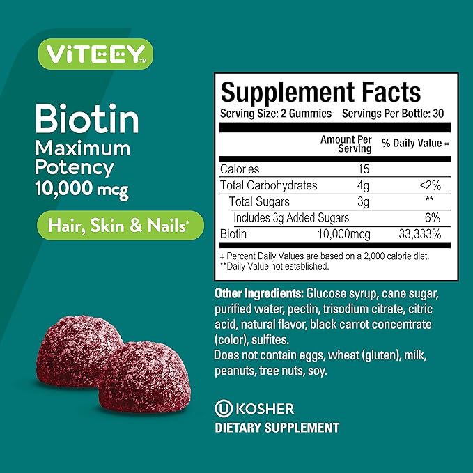 Viteey Biotin Gummies for Hair Skin and Nails - Biotin for Hair Growth Gummies - 10000 mcg - Vegan Gluten-Free Non-GMO – 120 Count