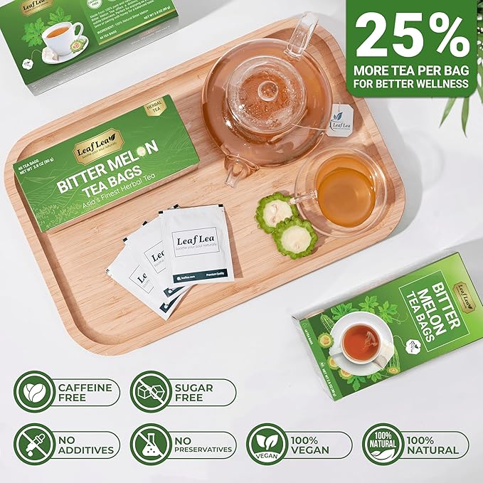 LeafLea 80 Bitter Melon Tea Bags Premium Dried Momordica Charantia (Melon Amargo Gohyah) Herbal Fruit Tea | Supports Wellness and Digestion | Caffeine-Free Sugar-Free Vegan Pack of 2