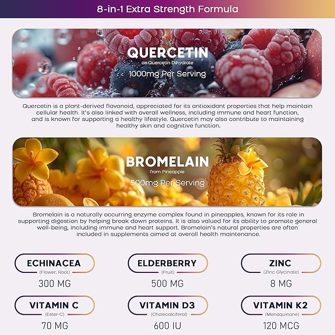 (3 Pack) Quercetin Gummies with Bromelain Zinc Elderberry Vitamin C D3 K2 Quercetin 1000mg Supplement with Bromelain 500mg for Cardiovascular Immune System &amp Allergy Vegan Gummy for Adult &amp