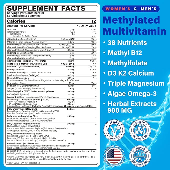 Methylated Multivitamin for Women &amp Men Gummies w/ Omega-3 Calcium D3 K2 Methylfolate &amp B12 TMG Daily Vitamin A C E B Complex Magnesium CoQ10 Probiotic for Overall Health- Vegan 2