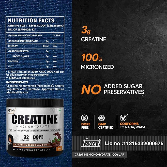 AS-IT-is Atom Creatine Monohydrate 100g - 32 Servings | Dope Free | Enhances Performance | Promotes Muscle Gains | Coffee Fusion Flavour
