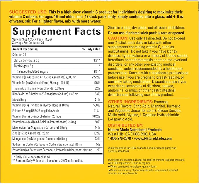 Nature Made ImmuneMAX Fizzy Drink Mix with Vitamin C Vitamin D and Zinc Supplement for Immune Support Fast Absorption 30 Stick Packs 0.4 Ounce