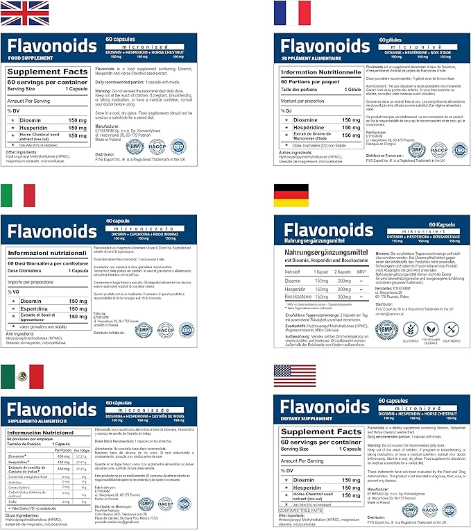 Flavonoids 60 days Support Healthy Circulation Veins Capillaries and Lymphatic Drainage- MPFF- Micronized Diosmin 150mg + Hesperidin 150mg + Horse Chestnut150 mg- GMP Certificate vegan