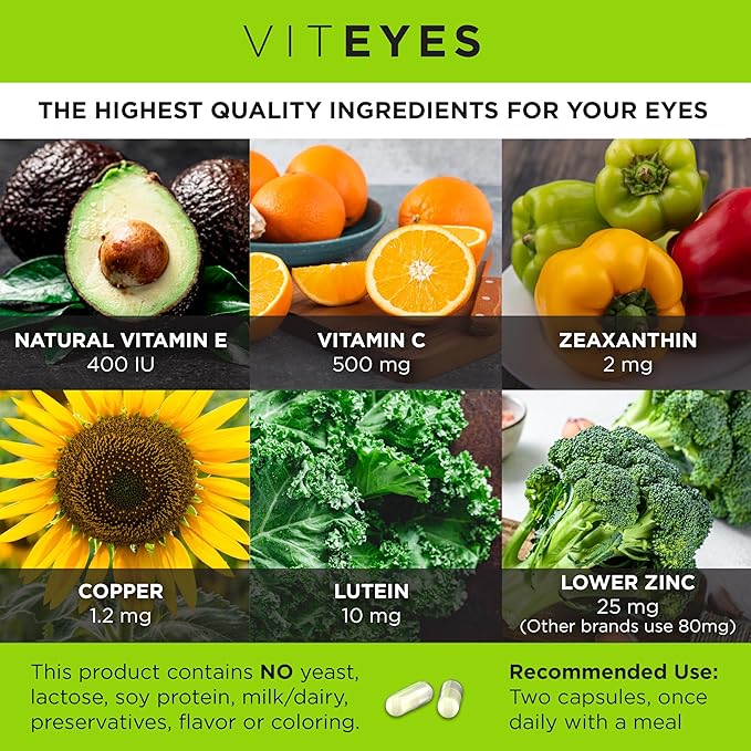 Viteyes AREDS 2 Eye Vitamins Classic Macular Support Allergen Free Capsules with Natural Vitamin E Vitamin C Zinc Copper Lutein &amp Zeaxanthin Eye Doctor Trusted Manufactured in The USA 18