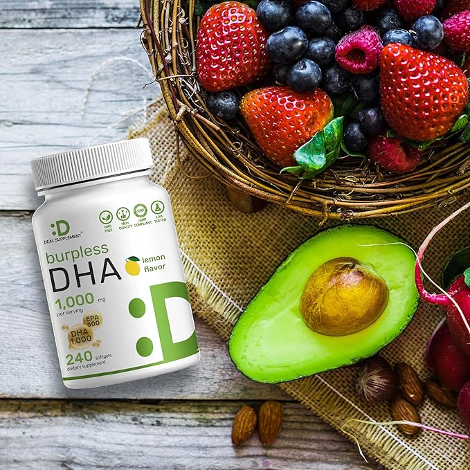 DHA Supplements | 240 Softgels Burpless Lemon Flavor DHA 1000mg + EPA 500mg Wild Caught Fish Rich in Omega-3s Mercury Free Non-GMO Support Brain Heart &amp Joint Health