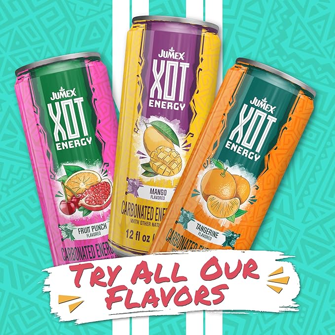 Jumex XOT Energy Drink - Fruit Punch - Natural Caffeine from Mexican Coffee Beans - Carbonated Preworkout with Vitamin B2 B3 B5 B12 - Mexican Drinks - Bebidas Energéticas - 12 Fl oz 12 Pack Cans
