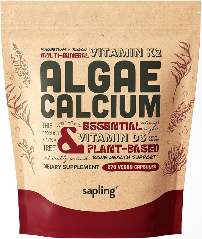 sapling Calcium Supplement - Whole Food with Vitamin K2 &amp D3 Magnesium Zinc Boron Mineral Complex. Sourced Sustainably from Red Algae. for Bone Strength and Support. Non-GMO &amp Vegan (270 C