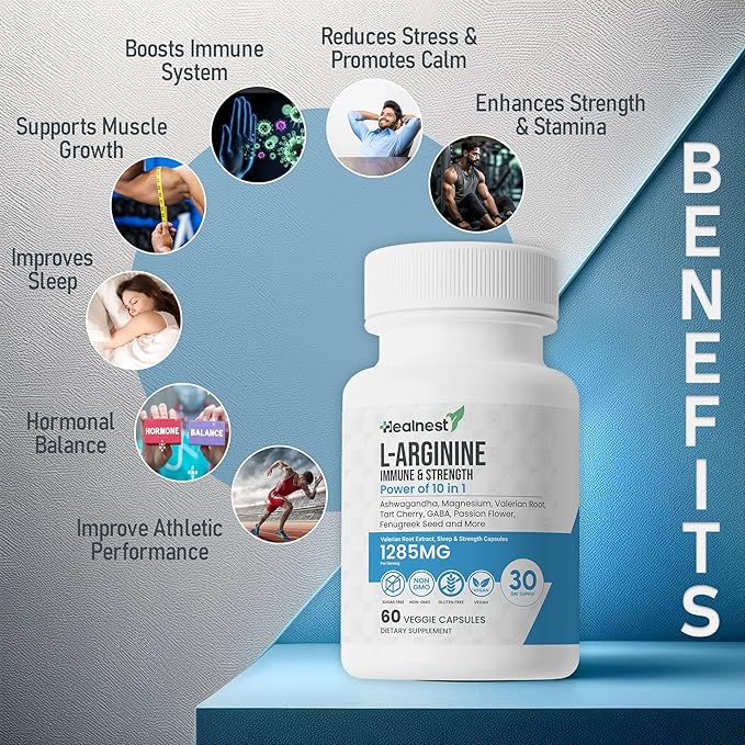 L-Arginine Capsules - 1285MG Blend of Ashwagandha L-Theanine Magnesium GABA Zinc &amp Tart Cherry - Non-GMO 60 Veggie Capsules for Men and Women
