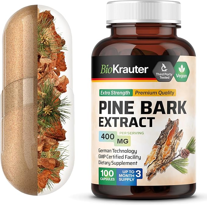 BIO KRAUTER® Pine Bark Extract for Circulatory &amp Antioxidant Support - Vegan French Maritime Pine Bark Herbal Supplements - Natural Antioxidants &amp Skin Support - 400 mg per Serving 100 Сapsul