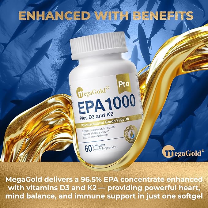 Pro Fish Oil EPA 1000mg Omega 3 with Vitamins D3 &amp K2 - Omega 3 Fatty Acid Supplements Burpless Fish Oil Capsules for Men and Women - 60 Count Mini Softgels