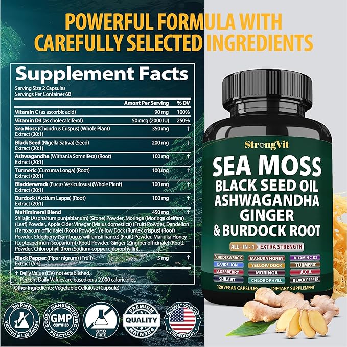 Sea Moss Black Seed Oil Ashwagandha Ginger Organic Sea Moss Capsules with Burdock Root Irish Seamoss Pills with Bladderwrack Turmeric Shilajit Multimineral Supplement USA (120 Capsules)