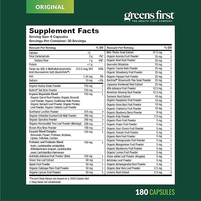 Greens First Phytonutrient Capsules - 49 Antioxidant-Rich Superfoods with Organic Fruits &amp Veggies Prebiotics Probiotics and Digestive Enzymes - 180 Capsules